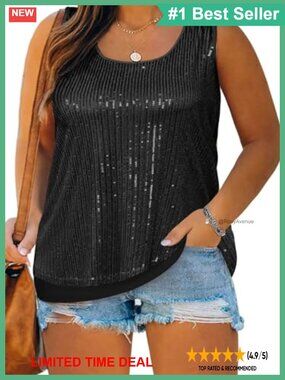 Plus Size Sequin Tank Top Scoop Neck Sleeveless Sparkle Tunic